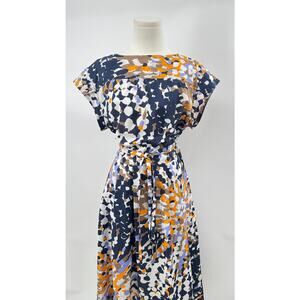 Bogner Nava Dress Tie Waist Midi Navy Orange Cotton Abstract Cap Sleeve 8 M NWOT